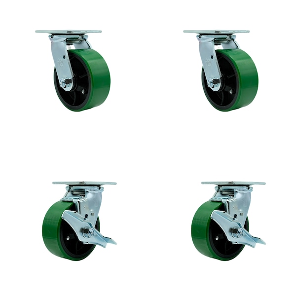 5 Inch Green Poly on Cast Iron Swivel Caster Set with Ball Bearings 2 Brakes SCC